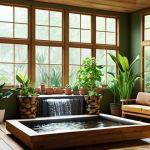 **A bright, spacious interior with large windows showcasing a lush green garden. Natural light floods the room, highlighting wooden furniture and various potted plants. A small indoor waterfall adds a calming water feature to the scene.** (Focus: Light, space, plants, natural materials, water)