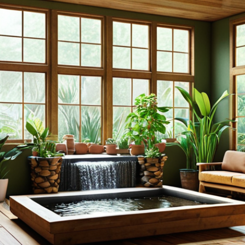 Home 15 **A bright, spacious interior with large windows showcasing a lush green garden. Natural light floods the room, highlighting wooden furniture and various potted plants. A small indoor waterfall adds a calming water feature to the scene.** (Focus: Light, space, plants, natural materials, water)
