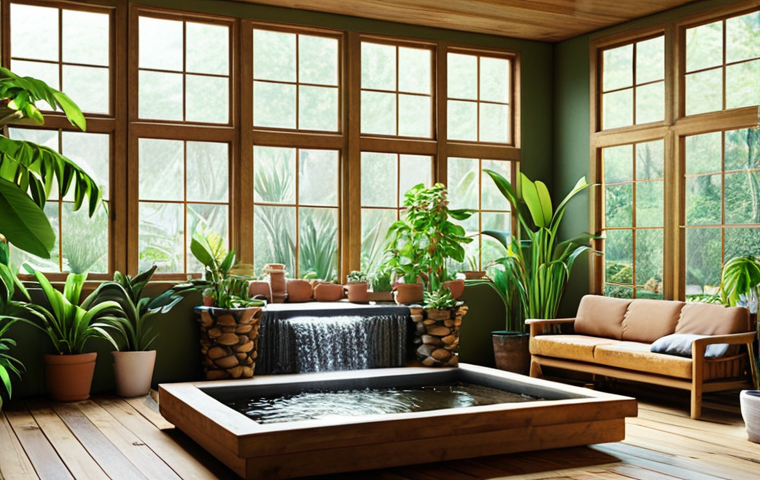 **A bright, spacious interior with large windows showcasing a lush green garden. Natural light floods the room, highlighting wooden furniture and various potted plants. A small indoor waterfall adds a calming water feature to the scene.** (Focus: Light, space, plants, natural materials, water)