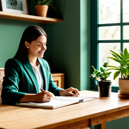 Home 14 A professional woman in a modest business casual outfit, fully clothed, appropriate attire, working calmly at a natural wood desk in a home office designed with biophilic elements. The desk has a small potted plant, and shelves in the background hold various green indoor plants. Sunlight streams through a large window, illuminating the space. The room features earth-toned walls, a rattan chair, and a sense of tranquility. Perfect anatomy, correct proportions, natural pose, well-formed hands, proper finger count. Professional photography, high quality, safe for work, appropriate content, family-friendly.