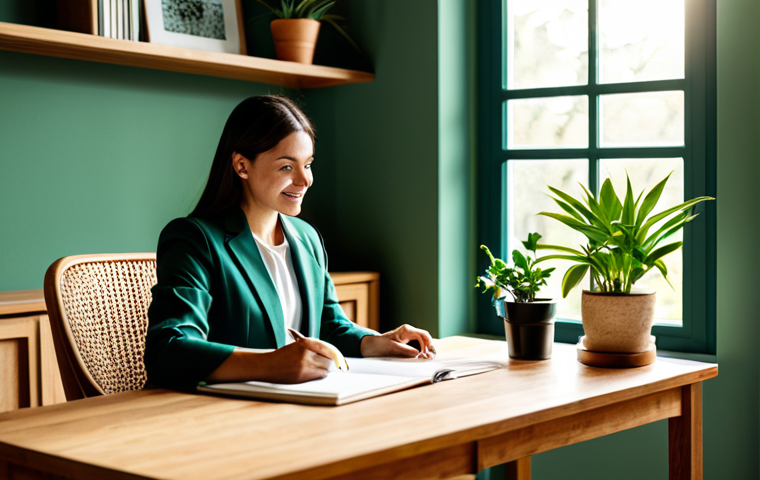 A professional woman in a modest business casual outfit, fully clothed, appropriate attire, working calmly at a natural wood desk in a home office designed with biophilic elements. The desk has a small potted plant, and shelves in the background hold various green indoor plants. Sunlight streams through a large window, illuminating the space. The room features earth-toned walls, a rattan chair, and a sense of tranquility. Perfect anatomy, correct proportions, natural pose, well-formed hands, proper finger count. Professional photography, high quality, safe for work, appropriate content, family-friendly.